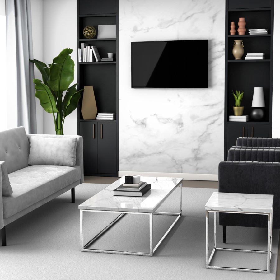 GRADE A2 - Square White Marble Effect Side Table with Chrome Legs - Demi