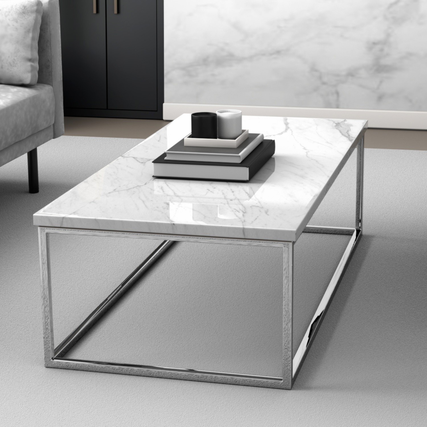 White Marble Effect Rectangular Coffee Table With Chrome Legs Demi Furniture123 White Marble Effect Rectangular Coffee Table With Chrome Legs Demi Furniture123