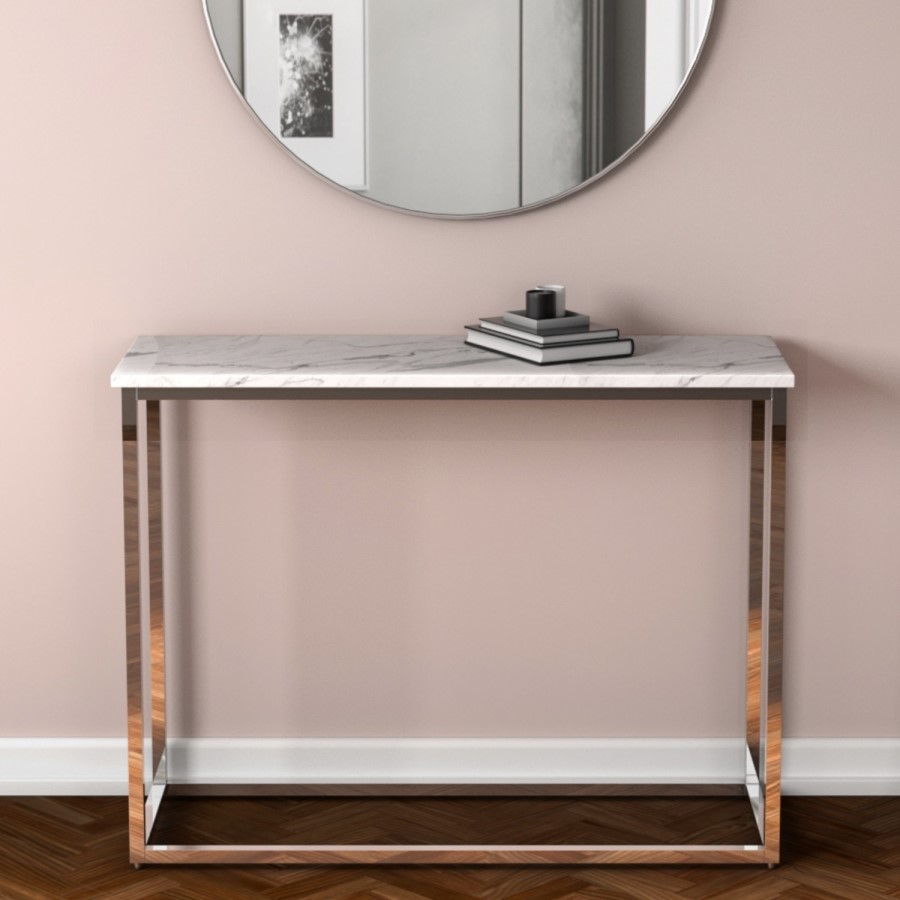 GRADE A2 - White Marble Effect Console Table with Chrome Legs - Demi