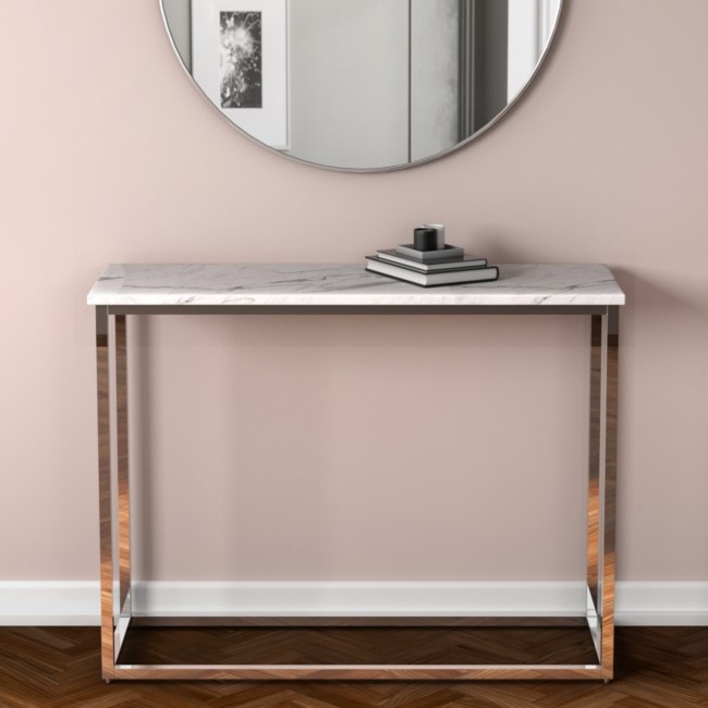 GRADE A1 - White Marble Effect Console Table with Chrome Legs - Demi