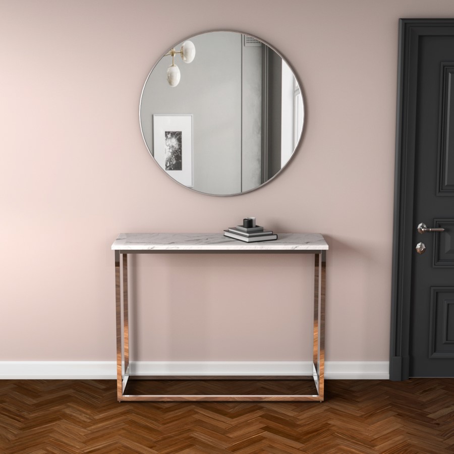 GRADE A2 - White Marble Effect Console Table with Chrome Legs - Demi