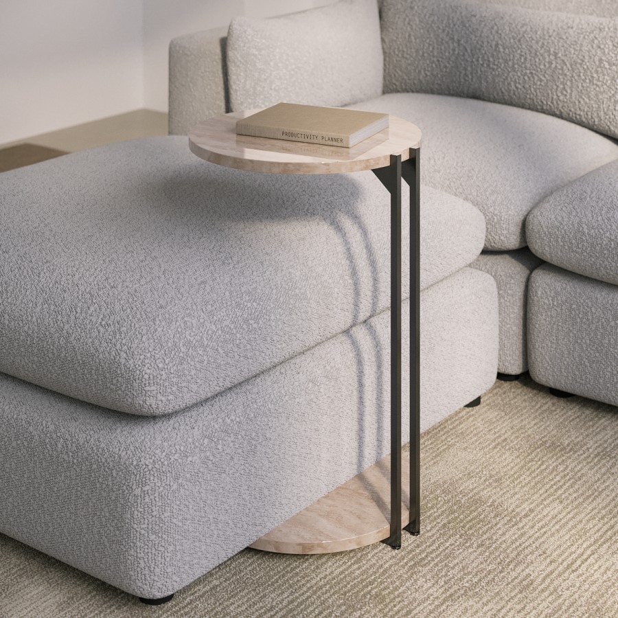 GRADE A1 - Round Beige Travertine Effect Sofa Table - Demi