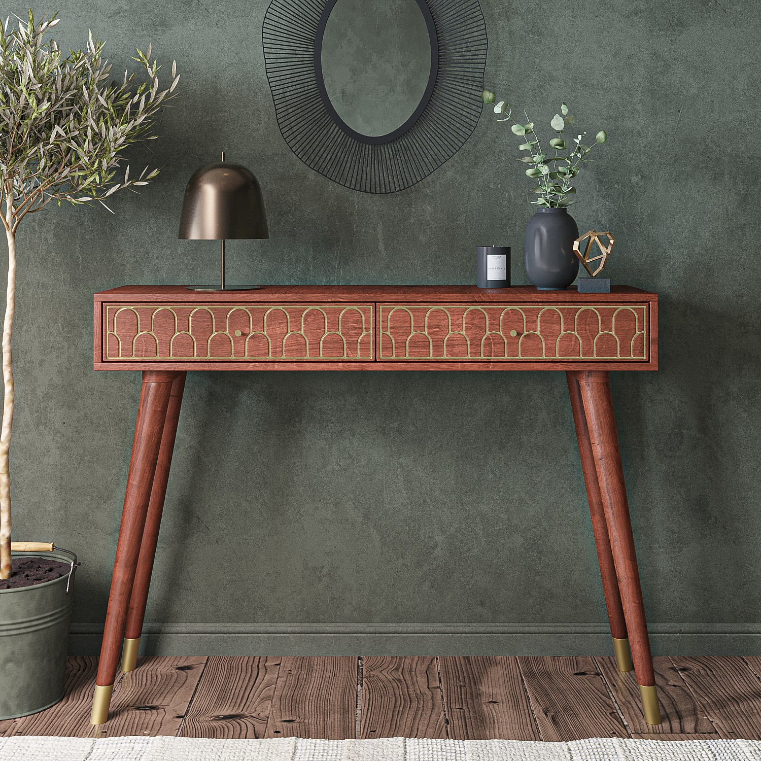 Narrow Console Table in Dark Wood with Gold Inlay & Drawers  Dejan