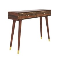 GRADE A1 - Narrow Console Table in Dark Wood with Gold Inlay & Drawers - Dejan