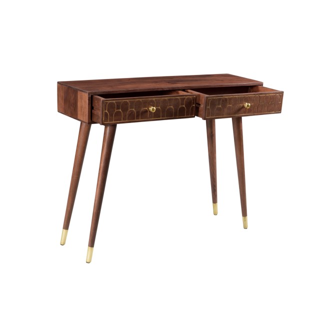 GRADE A2 - Narrow Console Table in Dark Wood with Gold Inlay & Drawers - Dejan