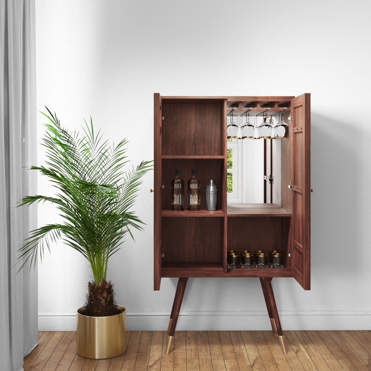 GRADE A1 - Large Drinks Cabinet in Dark Wood with Gold Inlay - Dejan