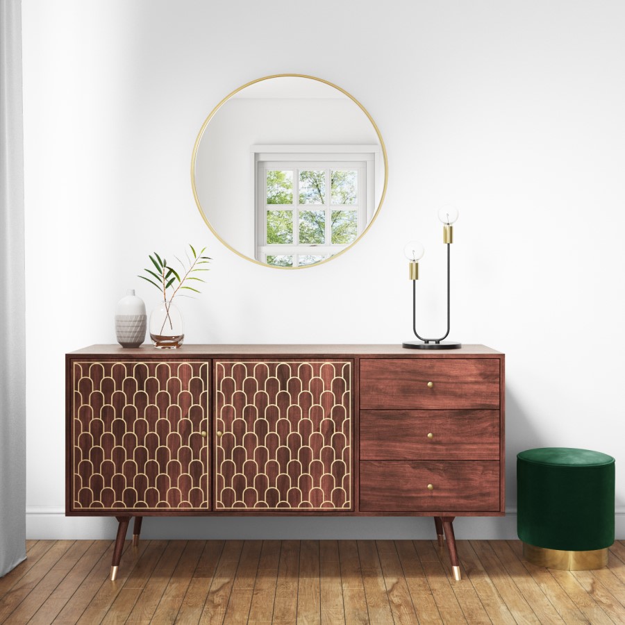 GRADE A2 - Large Sideboard with Storage in Dark Wood & Gold - Dejan