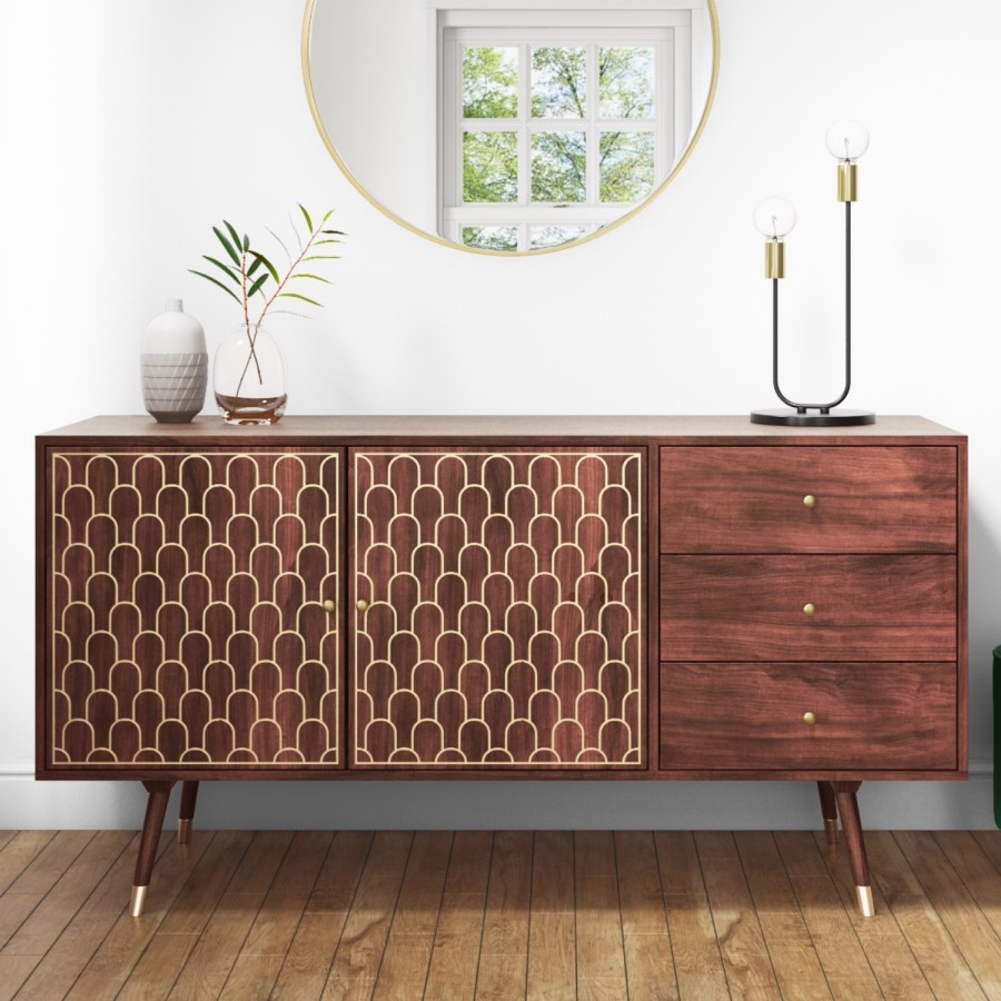 GRADE A2 - Large Sideboard with Storage in Dark Wood & Gold - Dejan