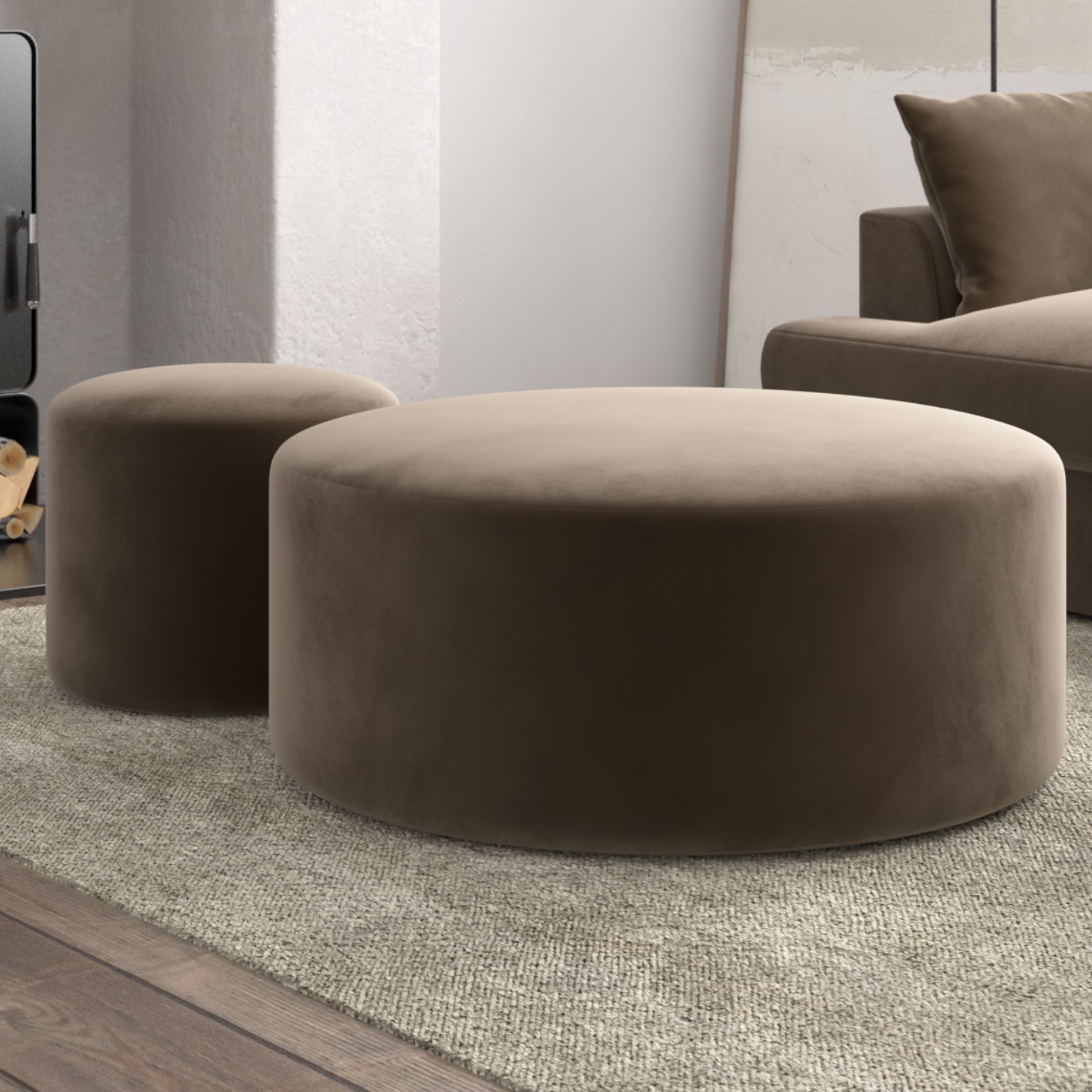 Photo of Set of 2 beige velvet large round footstools - dahlia