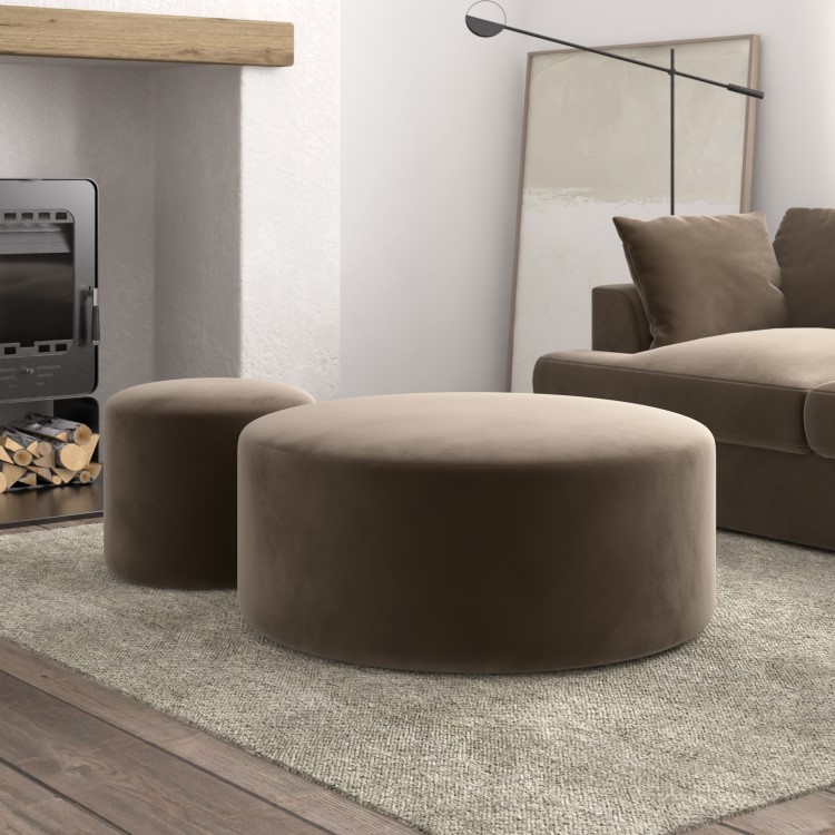 Set of 2 Round Beige Velvet Footstools - Dahlia