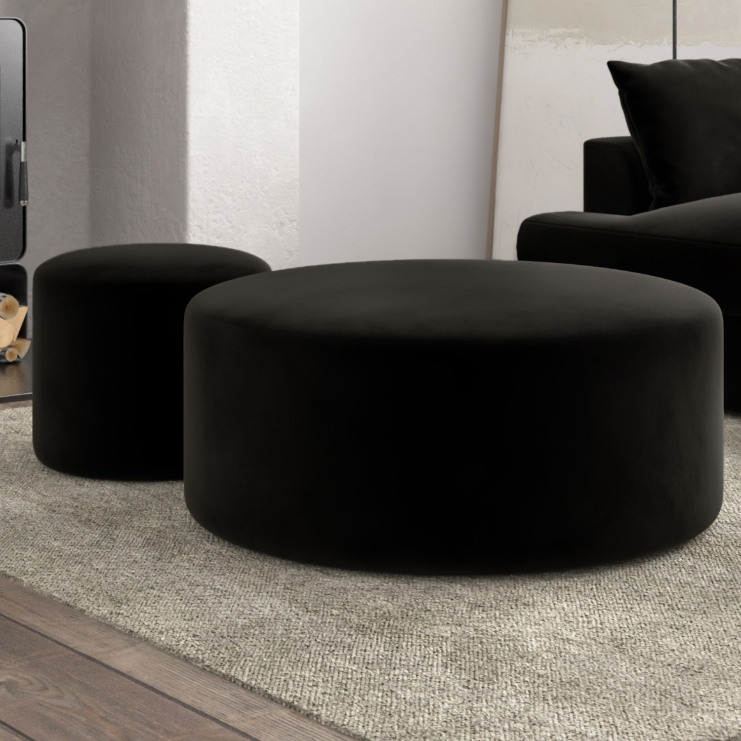Photo of Set of 2 black velvet large round footstools - dahlia