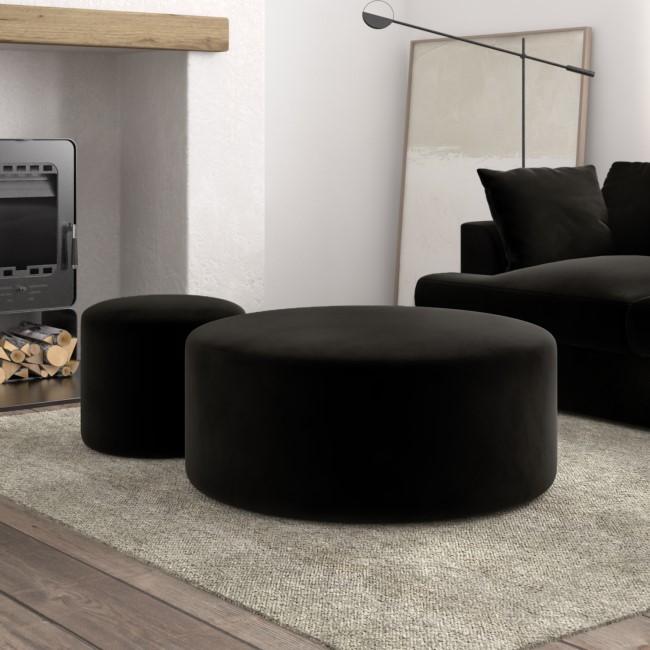 Set of 2 Black Velvet Large Round Footstools - Dahlia