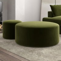 Set of 2 Olive Green Velvet Large Round Footstools - Dahlia