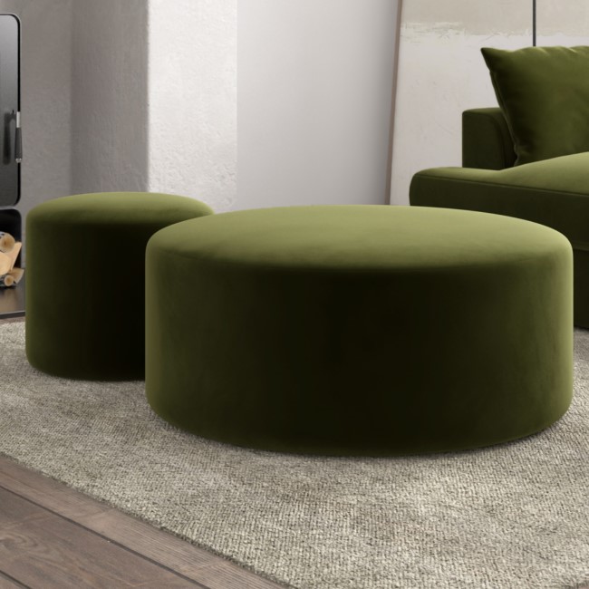 Set of 2 Olive Green Velvet Large Round Footstools - Dahlia