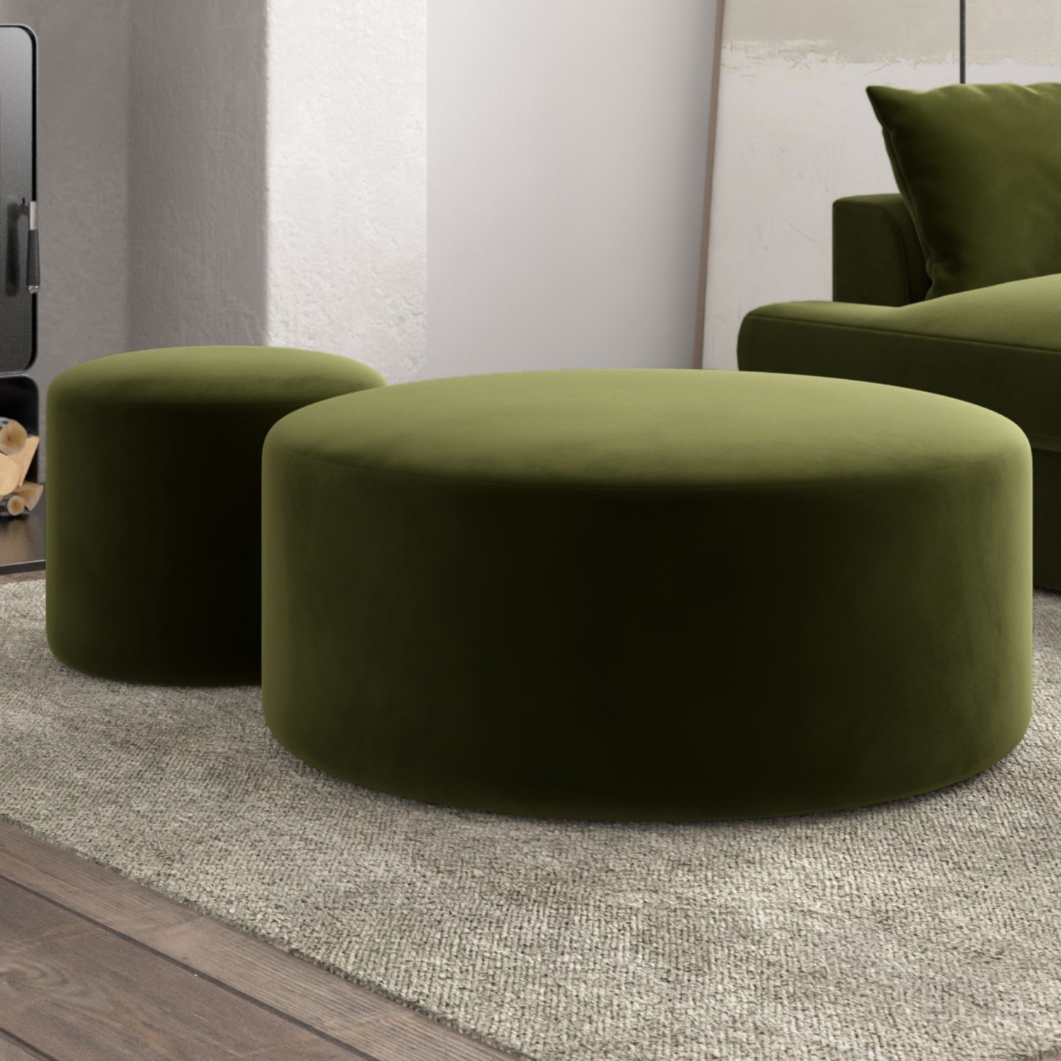 Photo of Set of 2 olive green velvet large round footstools - dahlia