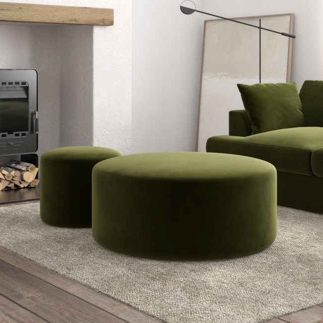 Set of 2 Olive Green Velvet Large Round Footstools - Dahlia