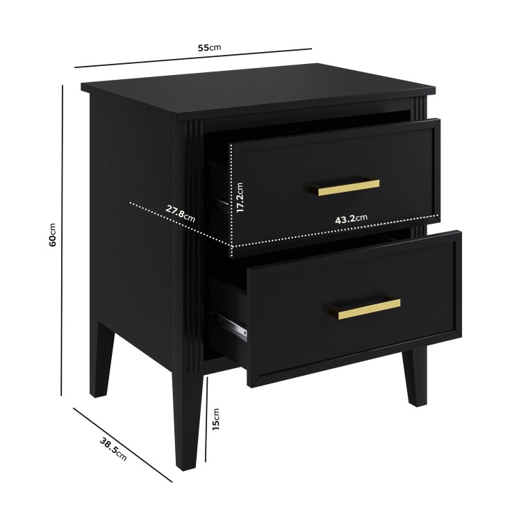 Wide Black 2 Drawer Bedside Table - Delilah