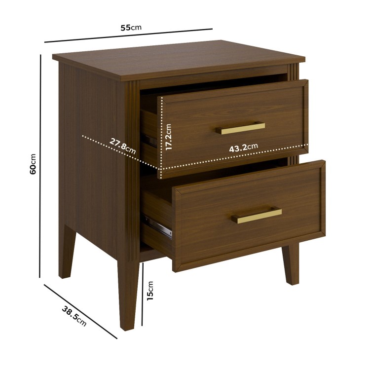 Wide Walnut 2 Drawer Bedside Table - Delilah