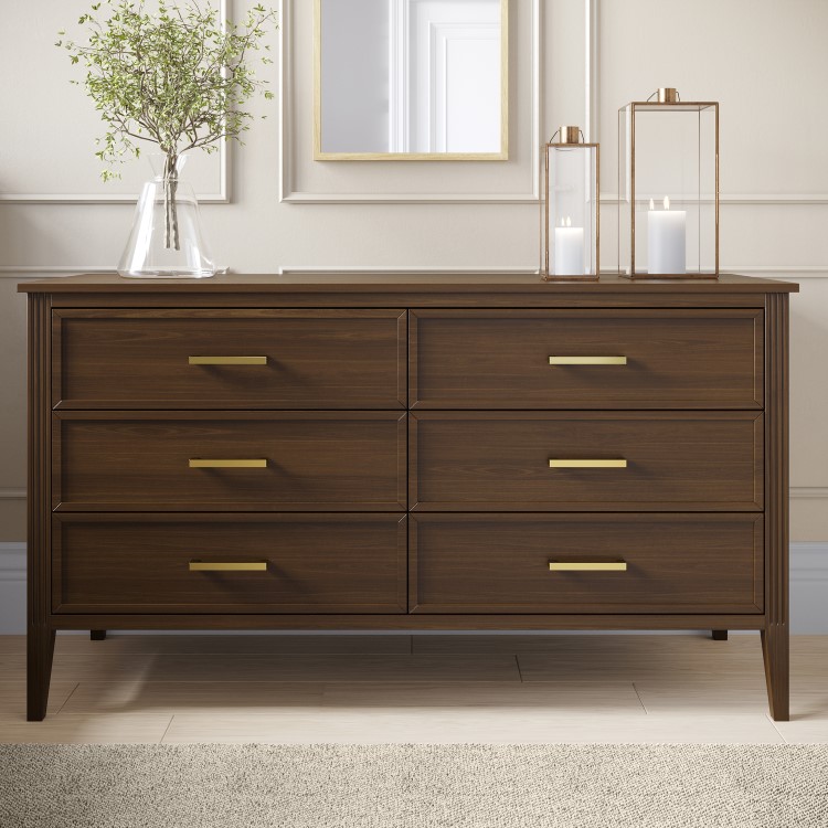 Wide Walnut Chest Of 6 Drawers - Delilah