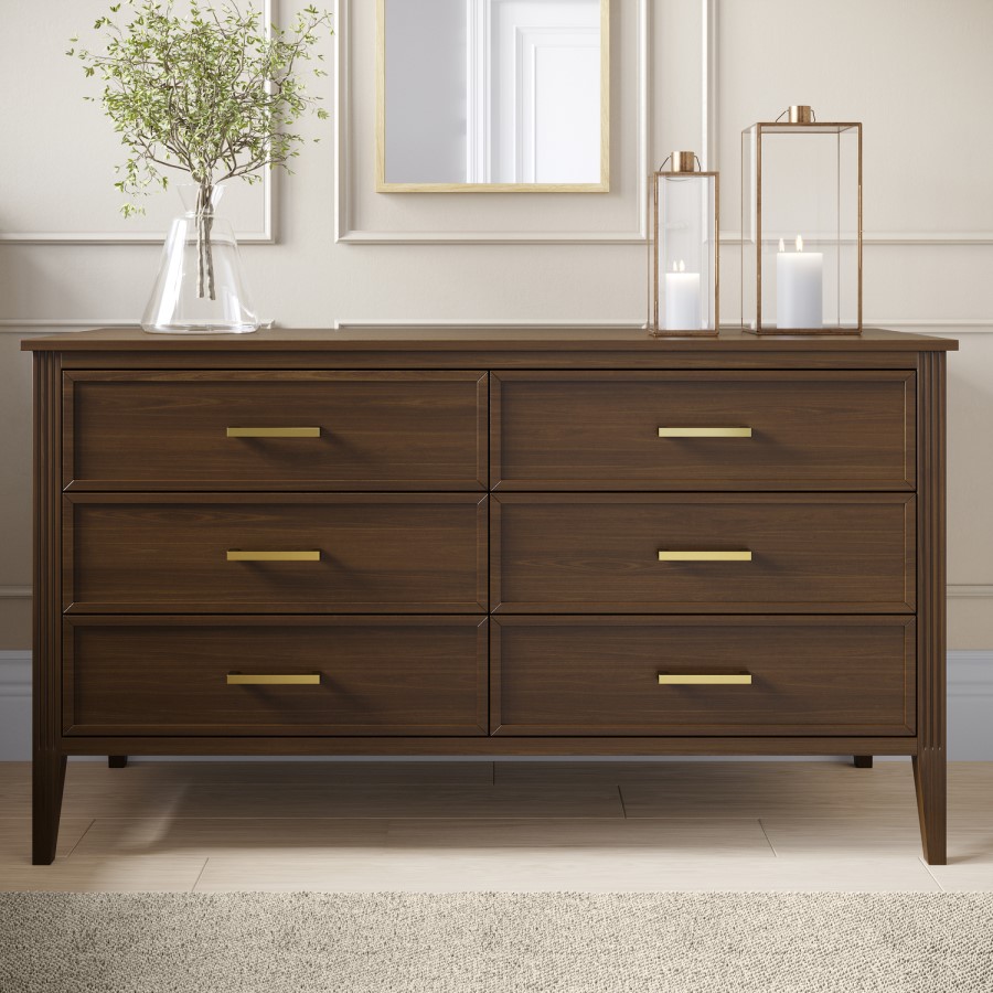 GRADE A1 - Wide Walnut Chest Of 6 Drawers - Delilah