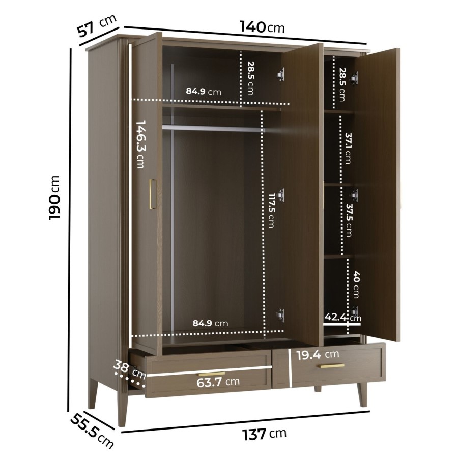 Dark Wood 3 Door Wardrobe with Drawers - Delilah
