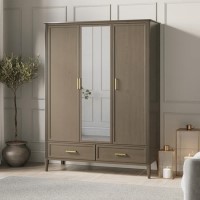 Large Dark Wood 3 Door Mirrored Triple Wardrobe with Drawers - Delilah