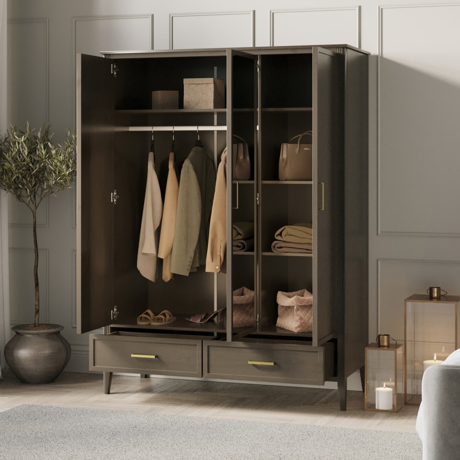 Large Dark Wood 3 Door Mirrored Triple Wardrobe with Drawers - Delilah