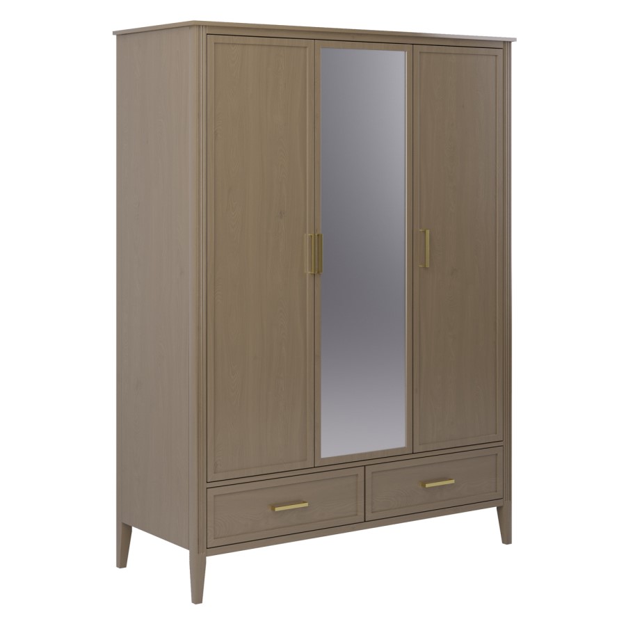 Large Dark Wood 3 Door Mirrored Triple Wardrobe with Drawers - Delilah