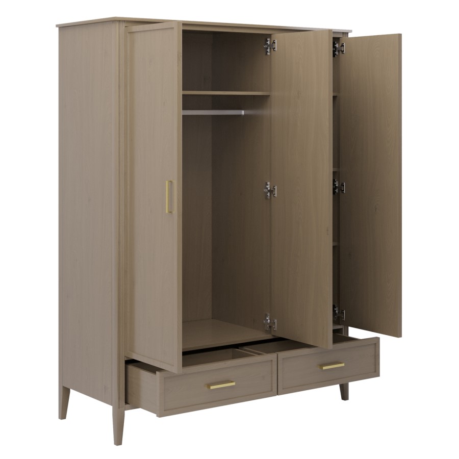 Large Dark Wood 3 Door Mirrored Triple Wardrobe with Drawers - Delilah