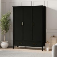 Black 3 Door Triple Wardrobe with Drawers - Delilah