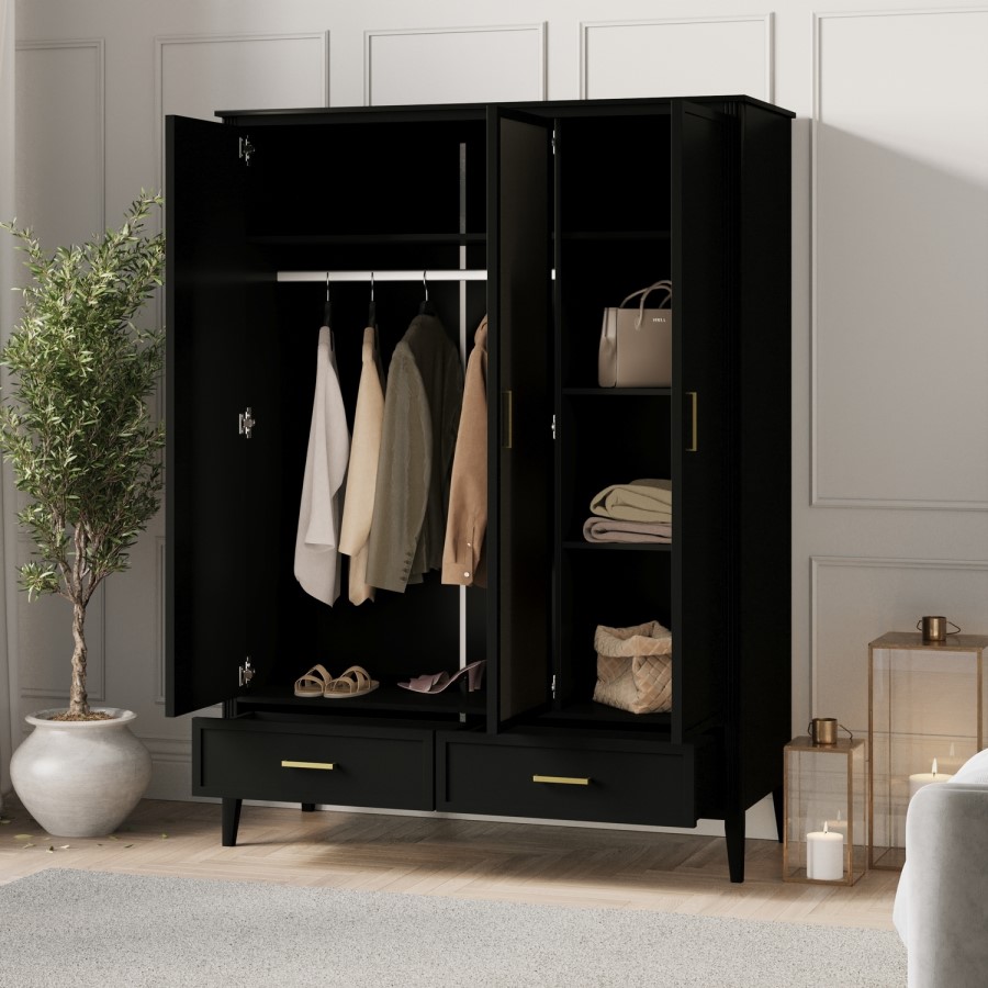 Black 3 Door Triple Wardrobe with Drawers - Delilah