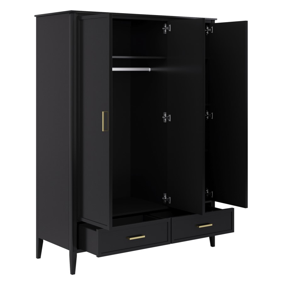 Black 3 Door Triple Wardrobe with Drawers - Delilah
