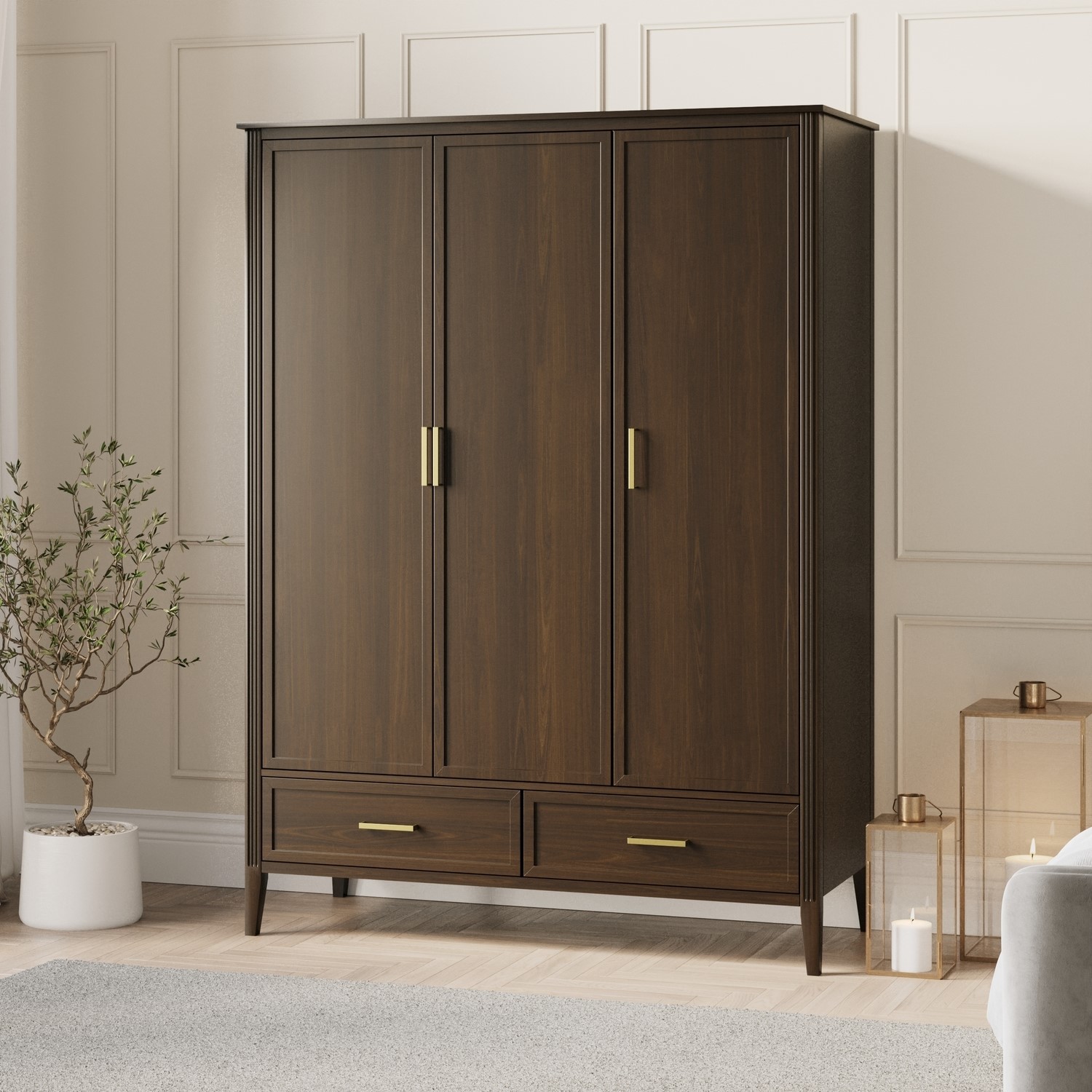 3 Rack Wardrobe Large Walnut 3 Door Triple Wardrobe with Drawers - Delilah - Furniture123