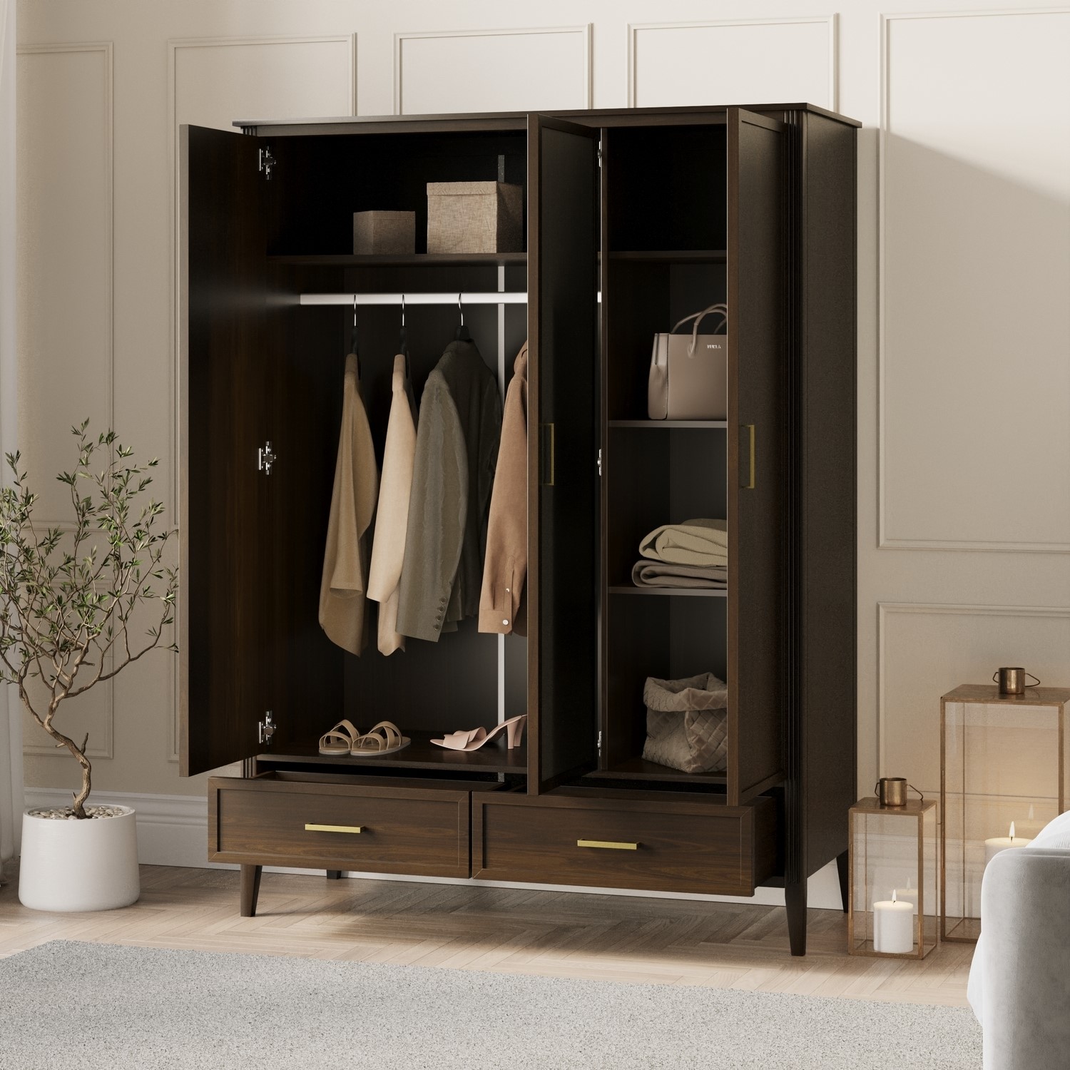 3 Rack Wardrobe Large Walnut 3 Door Triple Wardrobe with Drawers - Delilah - Furniture123