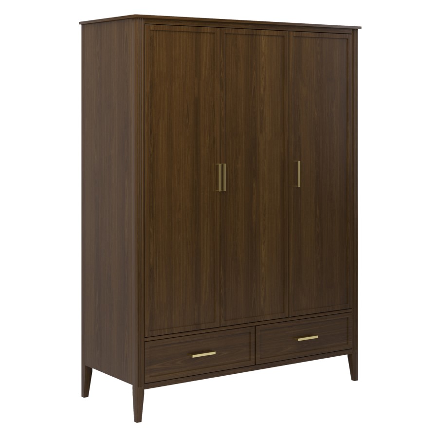 Walnut 3 Door Triple Wardrobe with Drawers - Delilah