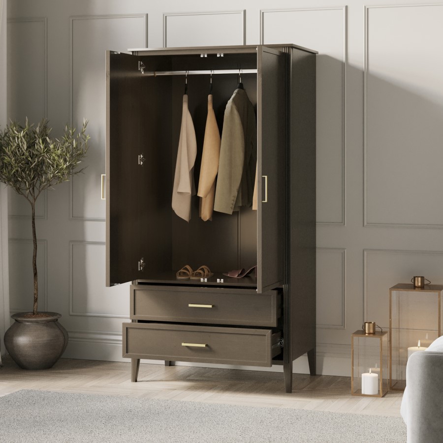 Dark Wood 2 Door Double Wardrobe with Drawers - Delilah