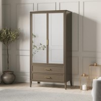Dark Wood Mirrored 2 Door Double Wardrobe with Drawers - Delilah