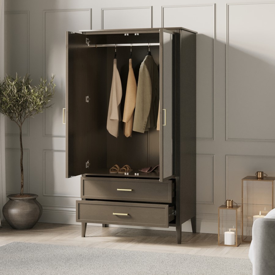 Dark Wood Mirrored 2 Door Double Wardrobe with Drawers - Delilah