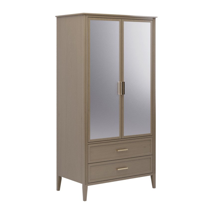 Dark Wood Mirrored 2 Door Double Wardrobe with Drawers - Delilah