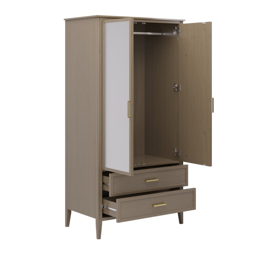 Dark Wood Mirrored 2 Door Double Wardrobe with Drawers - Delilah