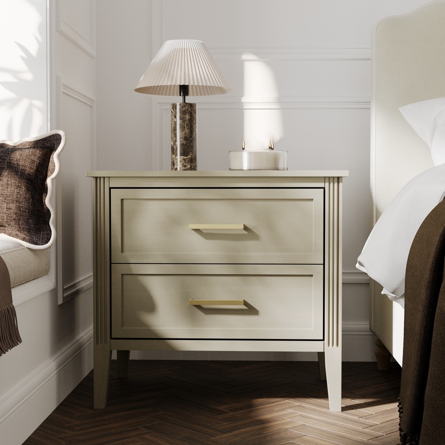 Wide Light Wood 2 Drawer Bedside Table