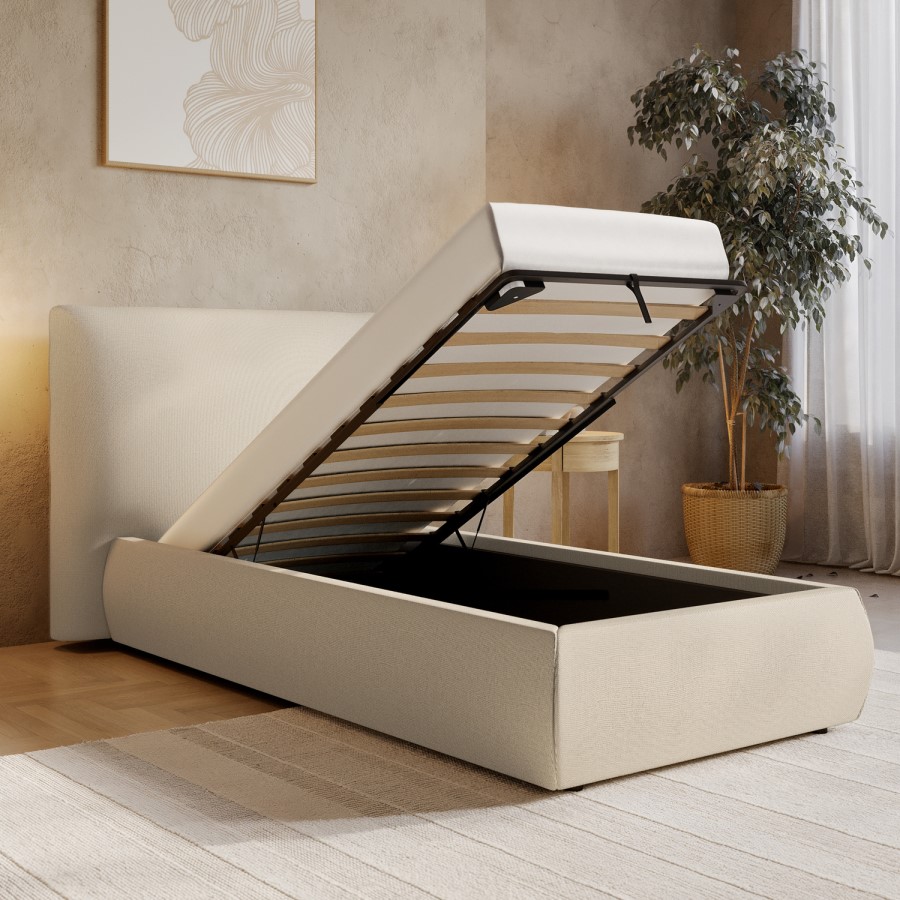 Beige Linen Single Ottoman Bed with Pillow Headboard - Dune