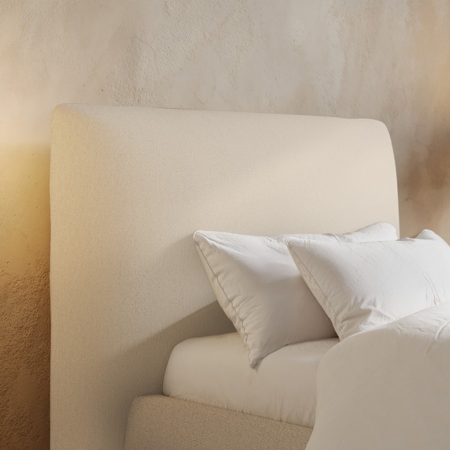 Beige Linen Single Ottoman Bed with Pillow Headboard - Dune