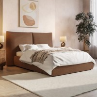 Brown Chenille Double Ottoman Bed with Pillow Headboard - Dune Brown Chenille Double Ottoman Bed with Pillow Headboard - Dune