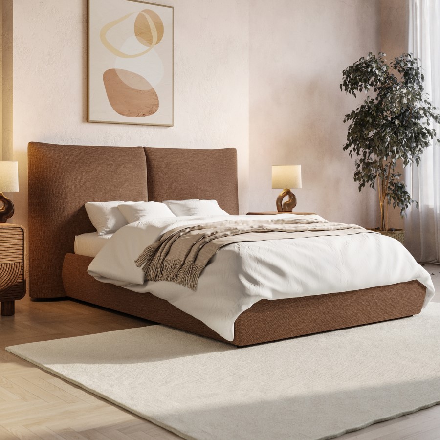 Burnt Orange Chenille Double Ottoman Bed with Pillow Headboard - Dune