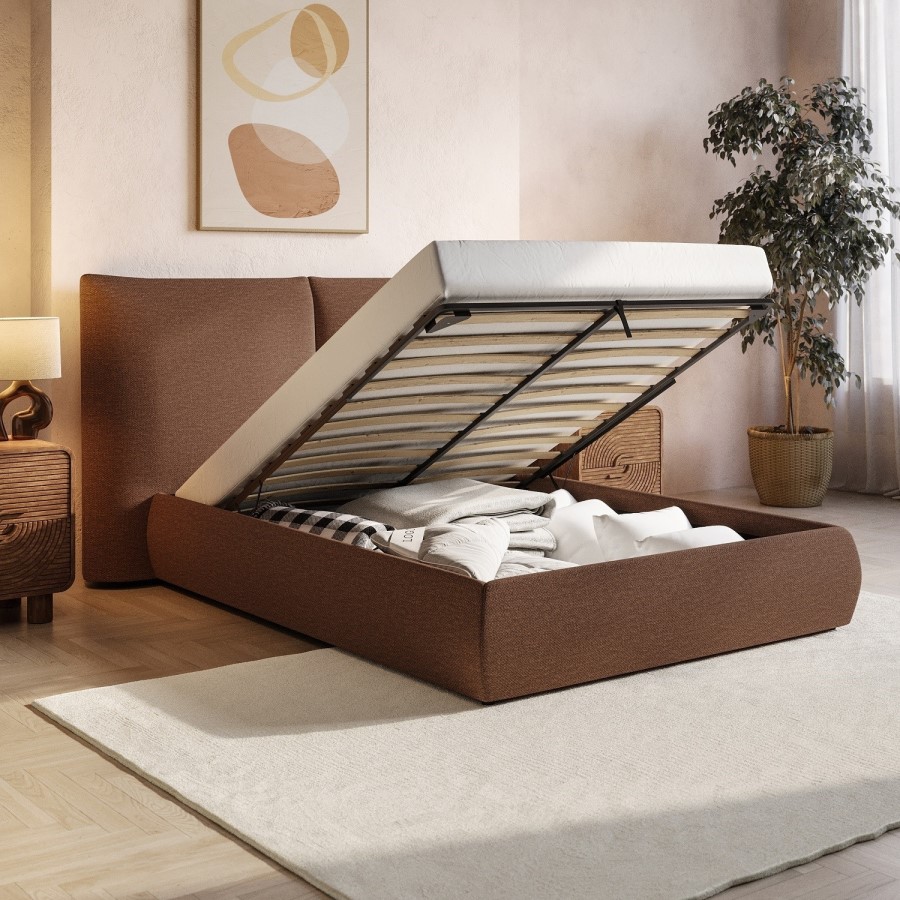 Brown Upholstered Double Ottoman Bed with Pillow Headboard - Dune