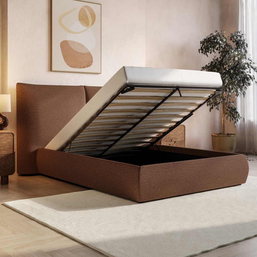 Burnt Orange Chenille Double Ottoman Bed with Pillow Headboard - Dune