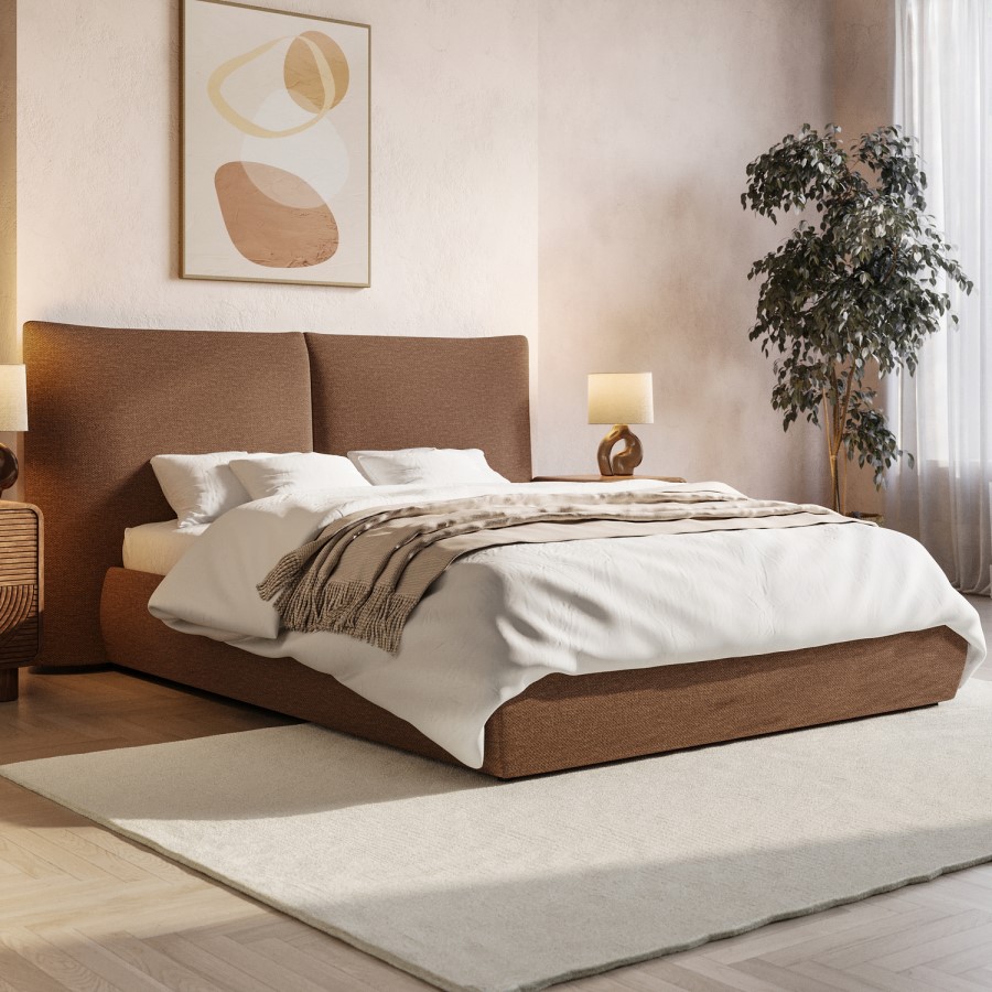 Brown Chenille King Size Ottoman Bed with Pillow Headboard - Dune