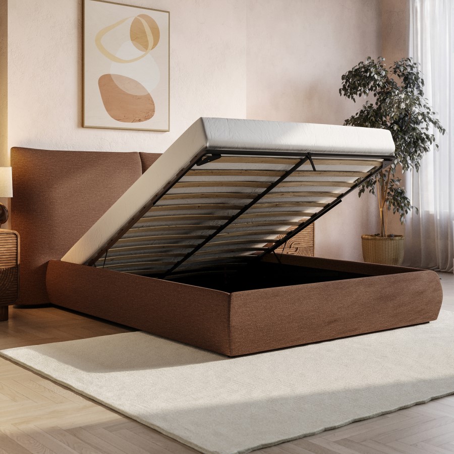 Brown Chenille King Size Ottoman Bed with Pillow Headboard - Dune