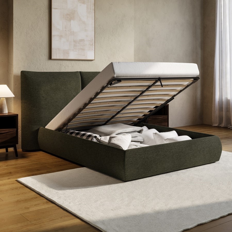 Green Upholstered King Size Ottoman Bed with Pillow Headboard - Dune